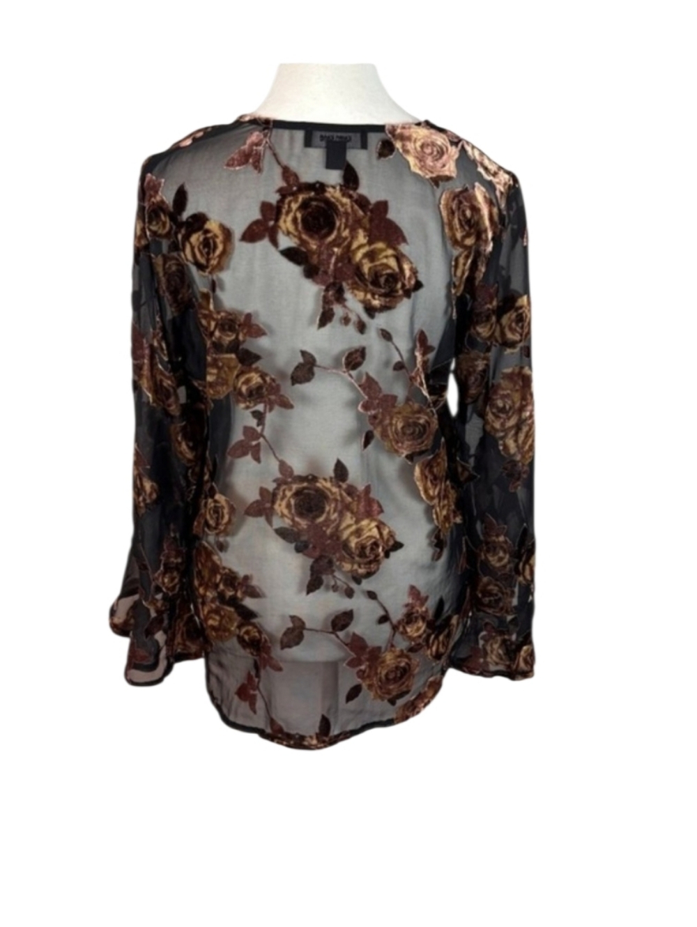 Karen Kane Black and Gold Sheer Floral Velvet Bell Sleeve Burnout V-Neck Blouse - Picture 6 of 10